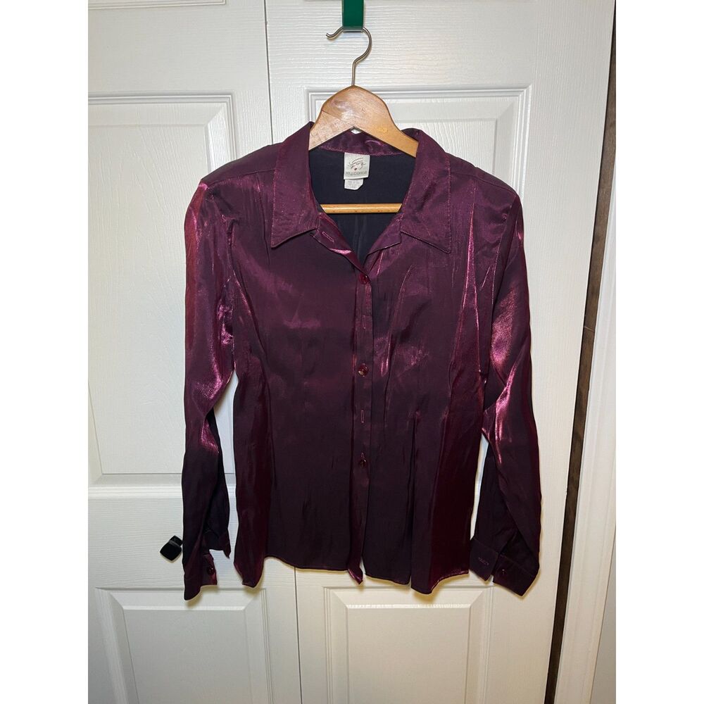 M.J. Carroll Purple Metallic Shimmer Button Front Blouse Women's Large